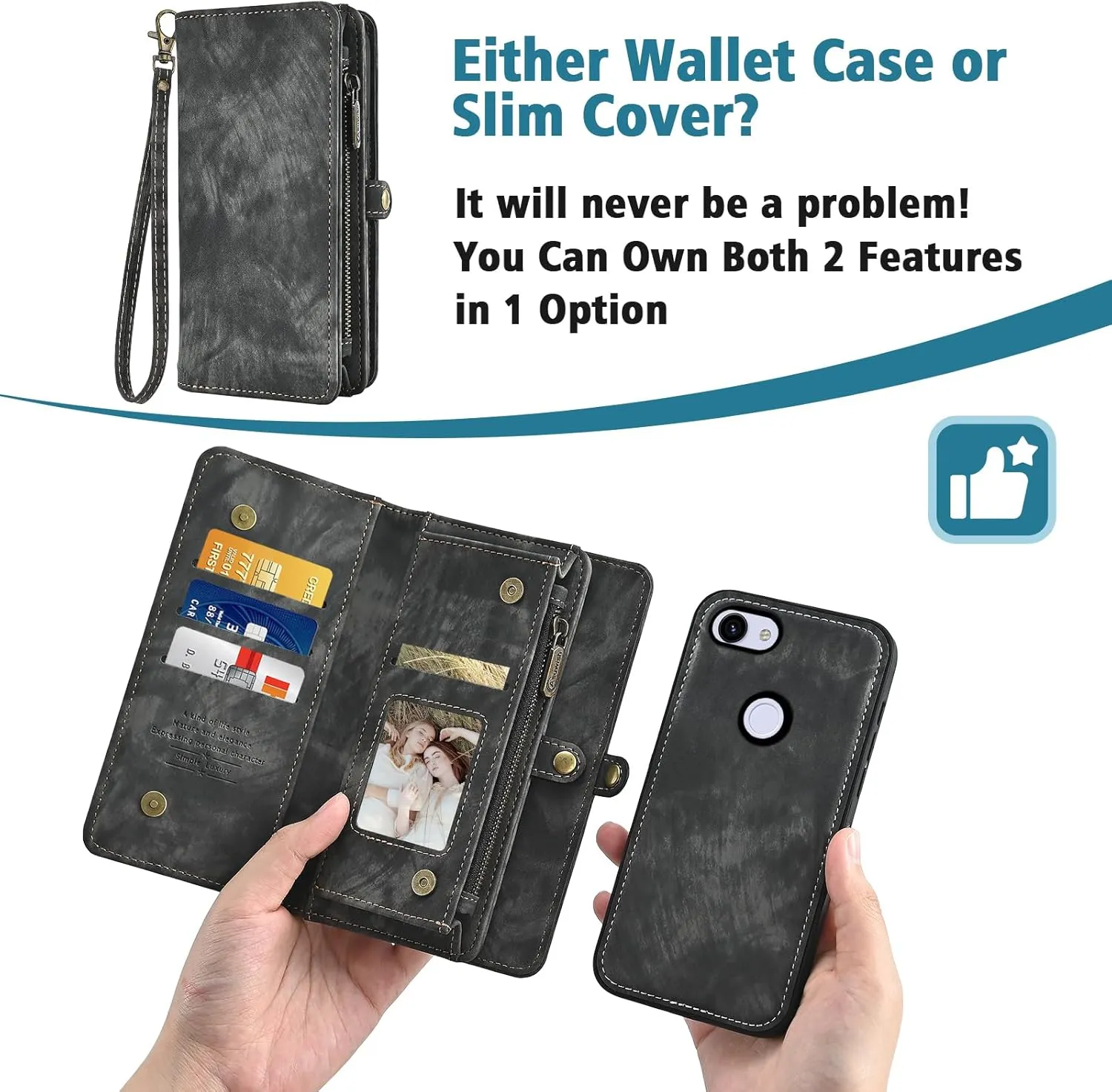 Asuwish Phone Case for Google Pixel 3a Zipper Wallet Magnetic Detachable Cell Cover with Tempered Glass Screen Protector Crossbody Lanyard Strap Flip Card Holder Pixel3a Pixle a3 Women Men Girls Black