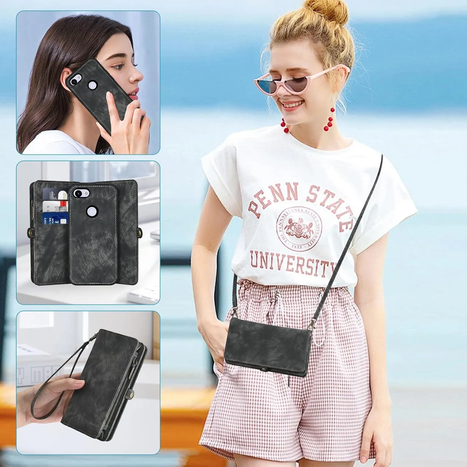 Asuwish Phone Case for Google Pixel 3a Zipper Wallet Magnetic Detachable Cell Cover with Tempered Glass Screen Protector Crossbody Lanyard Strap Flip Card Holder Pixel3a Pixle a3 Women Men Girls Black