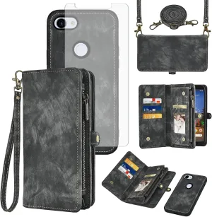Asuwish Phone Case for Google Pixel 3a Zipper Wallet Magnetic Detachable Cell Cover with Tempered Glass Screen Protector Crossbody Lanyard Strap Flip Card Holder Pixel3a Pixle a3 Women Men Girls Black