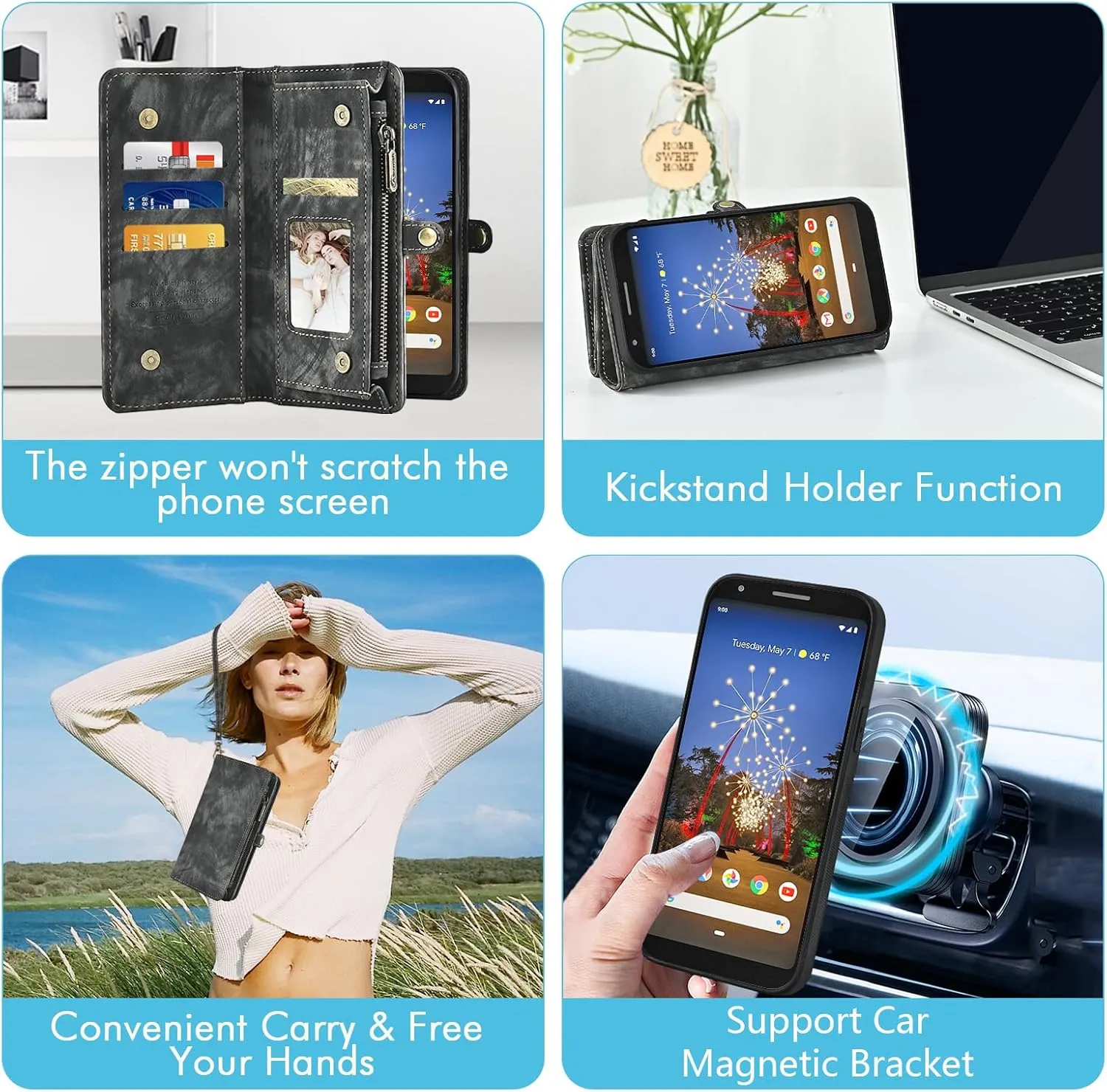 Asuwish Phone Case for Google Pixel 3a Zipper Wallet Magnetic Detachable Cell Cover with Tempered Glass Screen Protector Crossbody Lanyard Strap Flip Card Holder Pixel3a Pixle a3 Women Men Girls Black