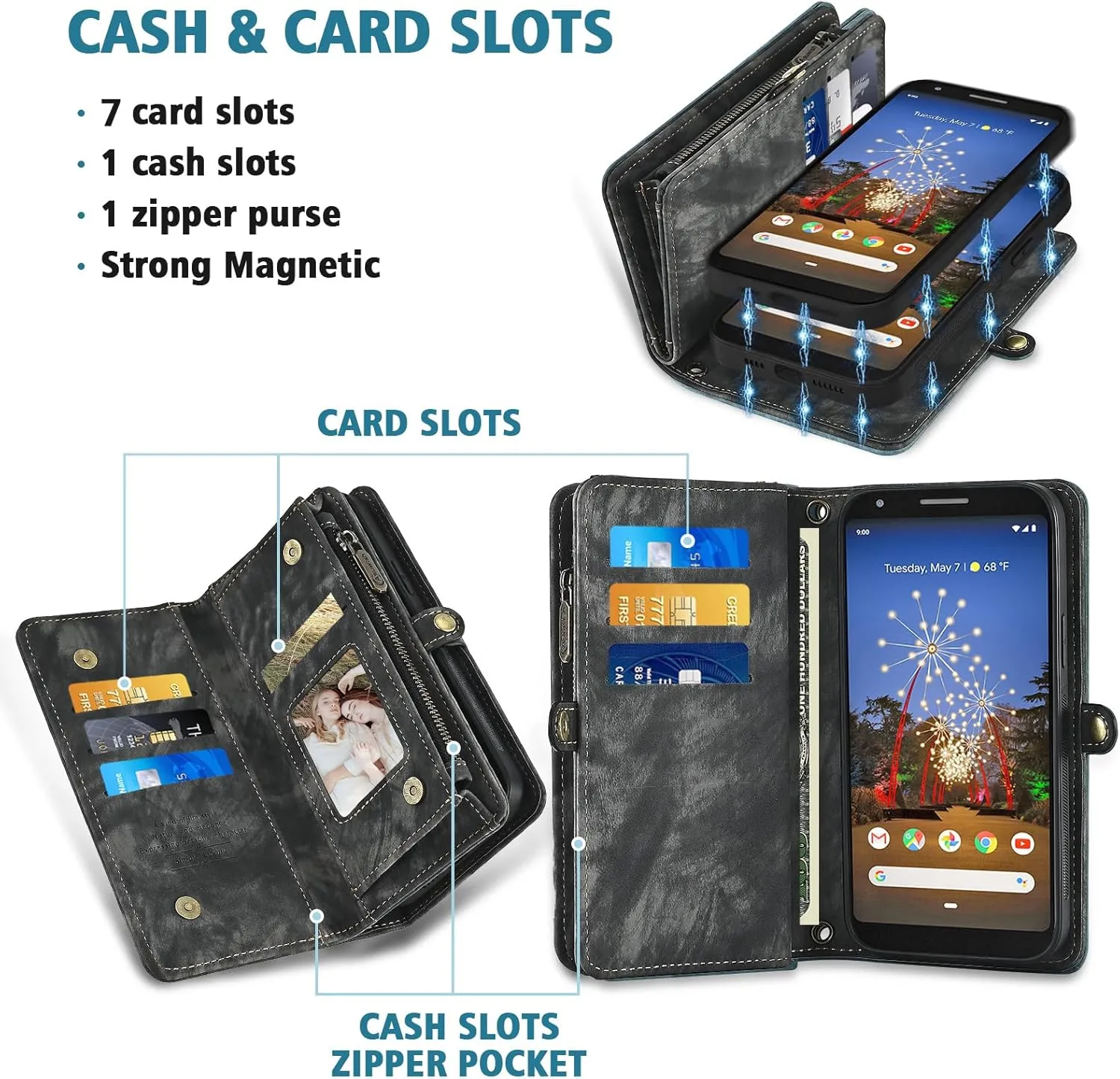 Asuwish Phone Case for Google Pixel 3a Zipper Wallet Magnetic Detachable Cell Cover with Tempered Glass Screen Protector Crossbody Lanyard Strap Flip Card Holder Pixel3a Pixle a3 Women Men Girls Black
