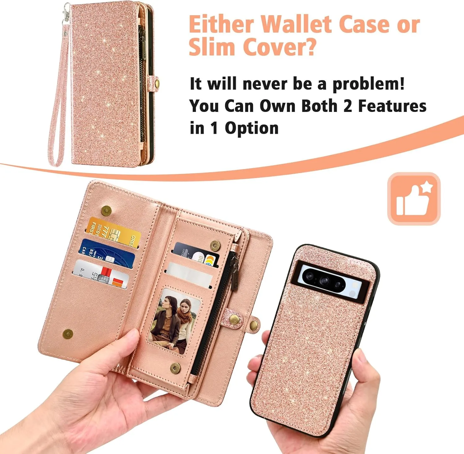 Asuwish Phone Case for Google Pixel 8 Pro 5G Zipper Wallet Detachable Cell Cover with Tempered Glass Screen Protector Wrist Strap Flip Credit Card Holder Pixel8Pro Pixel8 XL Eight 8Pro Women Rosegold