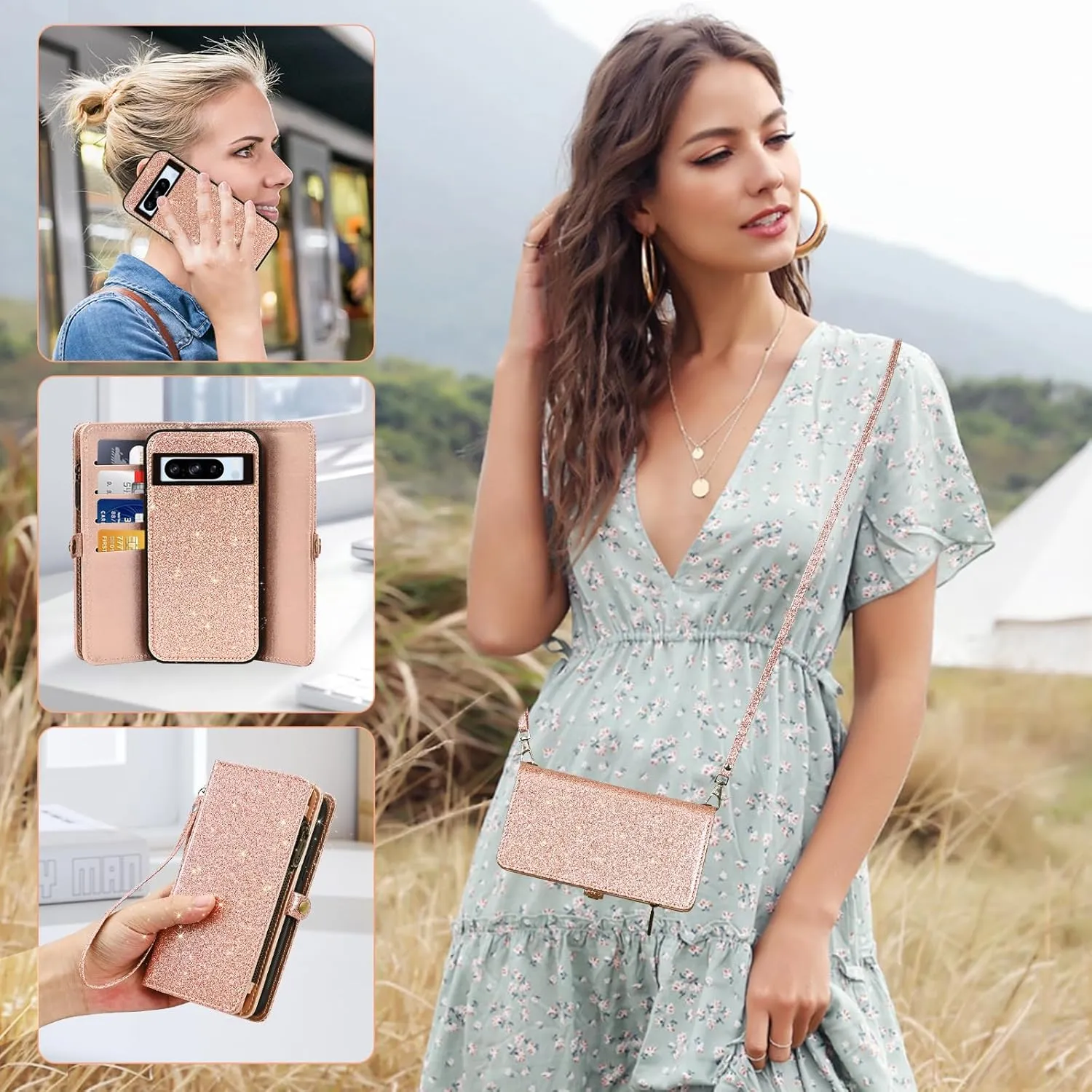 Asuwish Phone Case for Google Pixel 8 Pro 5G Zipper Wallet Detachable Cell Cover with Tempered Glass Screen Protector Wrist Strap Flip Credit Card Holder Pixel8Pro Pixel8 XL Eight 8Pro Women Rosegold