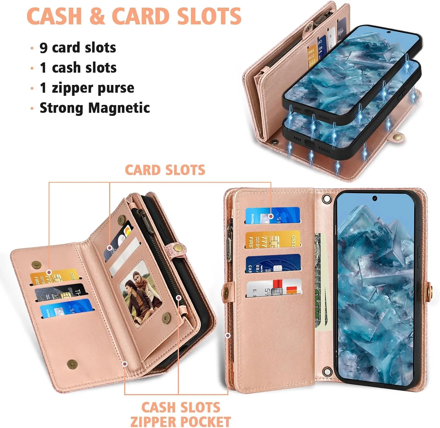 Asuwish Phone Case for Google Pixel 8 Pro 5G Zipper Wallet Detachable Cell Cover with Tempered Glass Screen Protector Wrist Strap Flip Credit Card Holder Pixel8Pro Pixel8 XL Eight 8Pro Women Rosegold