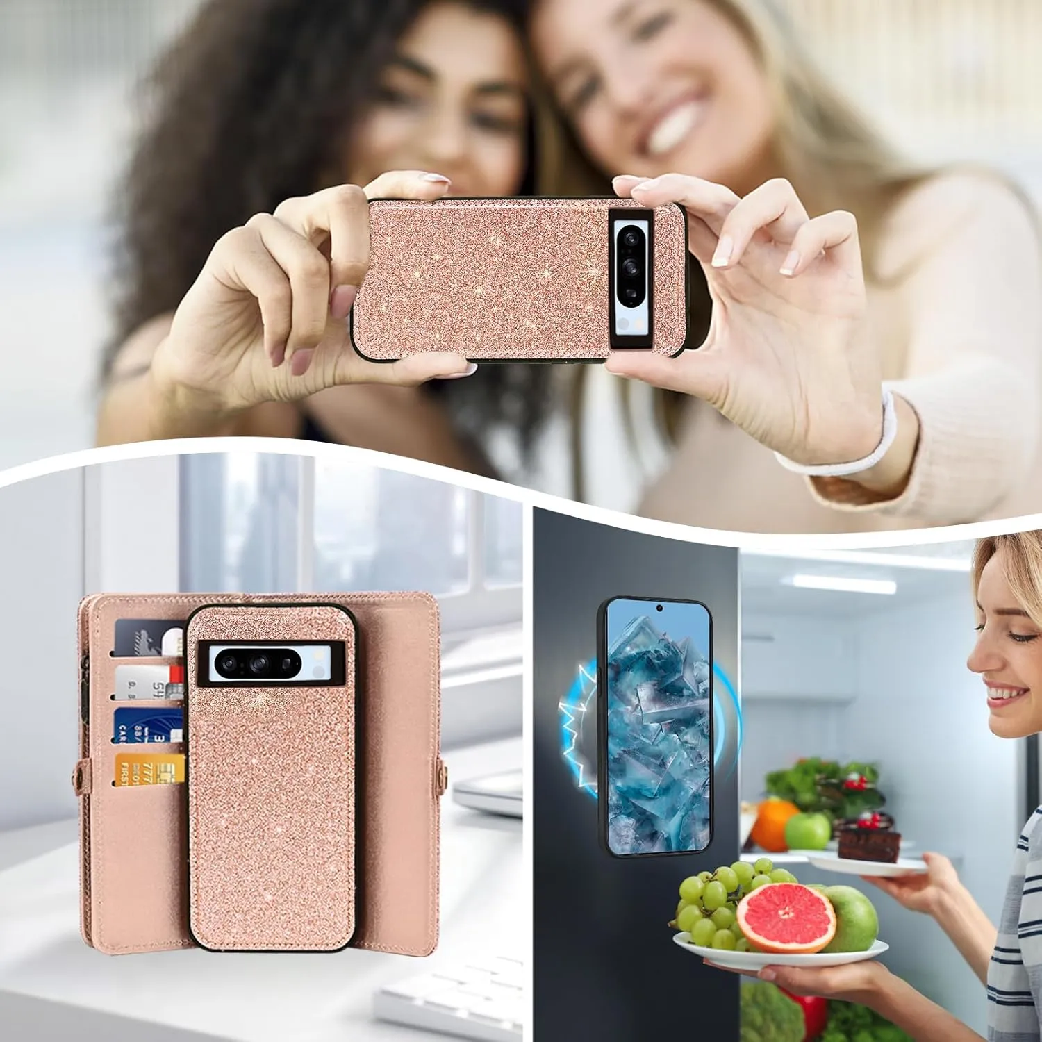 Asuwish Phone Case for Google Pixel 8 Pro 5G Zipper Wallet Detachable Cell Cover with Tempered Glass Screen Protector Wrist Strap Flip Credit Card Holder Pixel8Pro Pixel8 XL Eight 8Pro Women Rosegold