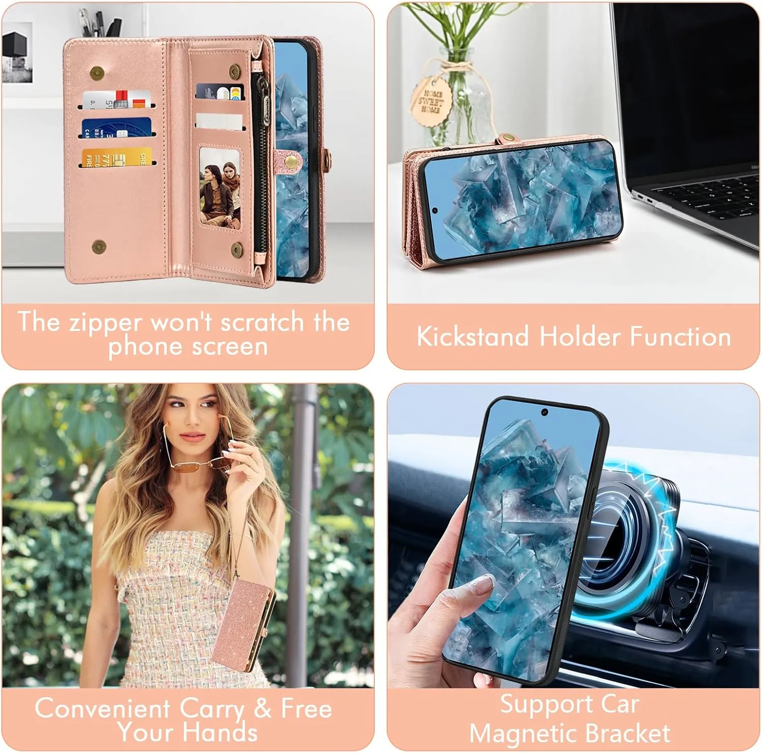 Asuwish Phone Case for Google Pixel 8 Pro 5G Zipper Wallet Detachable Cell Cover with Tempered Glass Screen Protector Wrist Strap Flip Credit Card Holder Pixel8Pro Pixel8 XL Eight 8Pro Women Rosegold
