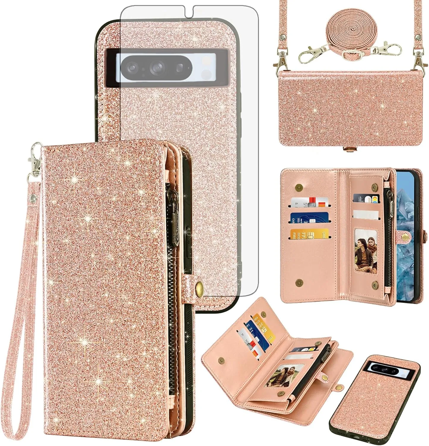 Asuwish Phone Case for Google Pixel 8 Pro 5G Zipper Wallet Detachable Cell Cover with Tempered Glass Screen Protector Wrist Strap Flip Credit Card Holder Pixel8Pro Pixel8 XL Eight 8Pro Women Rosegold
