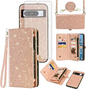 Asuwish Phone Case for Google Pixel 8 Pro 5G Zipper Wallet Detachable Cell Cover with Tempered Glass Screen Protector Wrist Strap Flip Credit Card Holder Pixel8Pro Pixel8 XL Eight 8Pro Women Rosegold