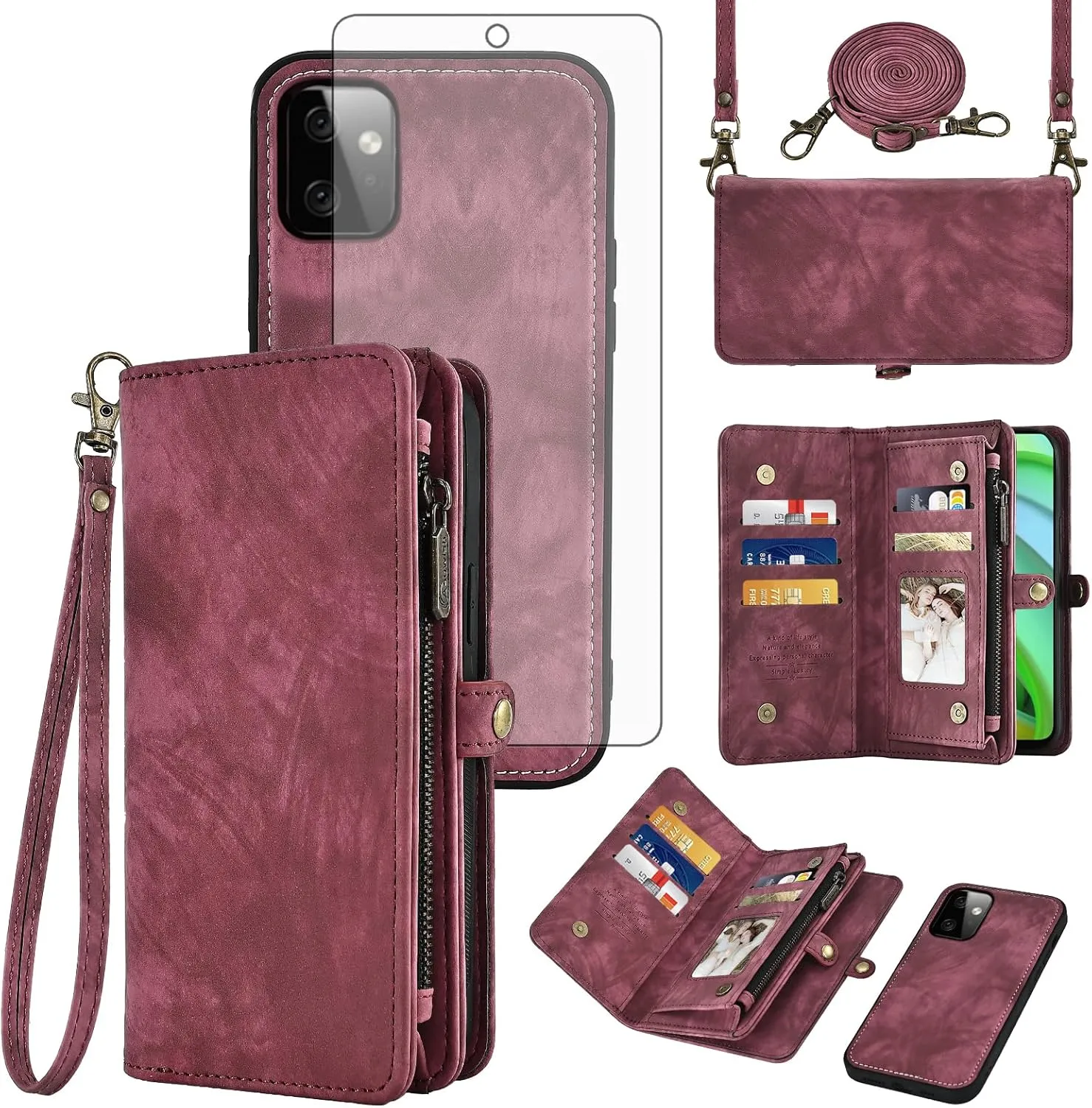 Asuwish Phone Case for Motorola Moto G Power 5G 2023 Zipper Wallet Magnetic Detachable Cell Cover with Tempered Glass Screen Protector Crossbody Lanyard Strap Flip Card Holder Slot GPower G5 Women Red
