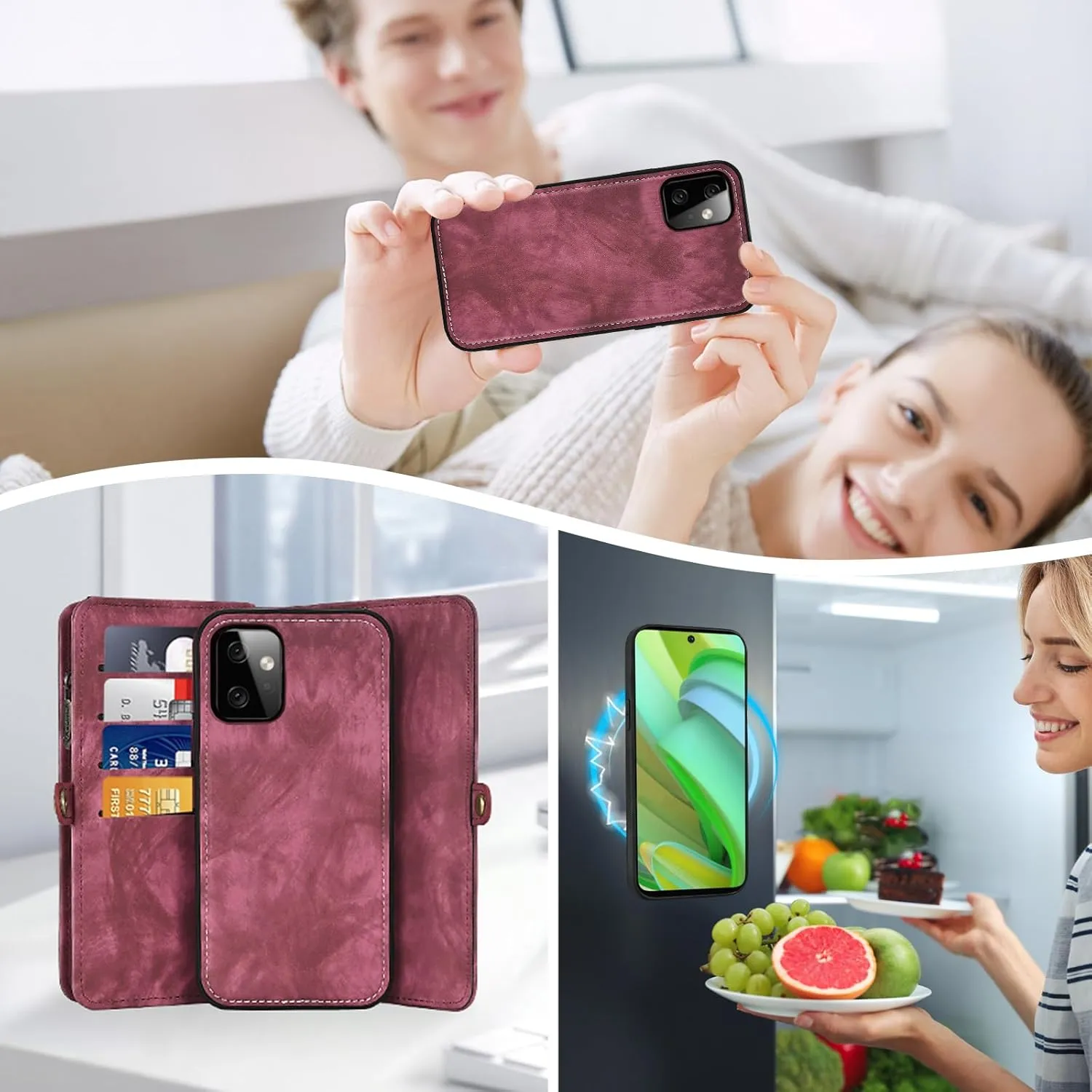 Asuwish Phone Case for Motorola Moto G Power 5G 2023 Zipper Wallet Magnetic Detachable Cell Cover with Tempered Glass Screen Protector Crossbody Lanyard Strap Flip Card Holder Slot GPower G5 Women Red