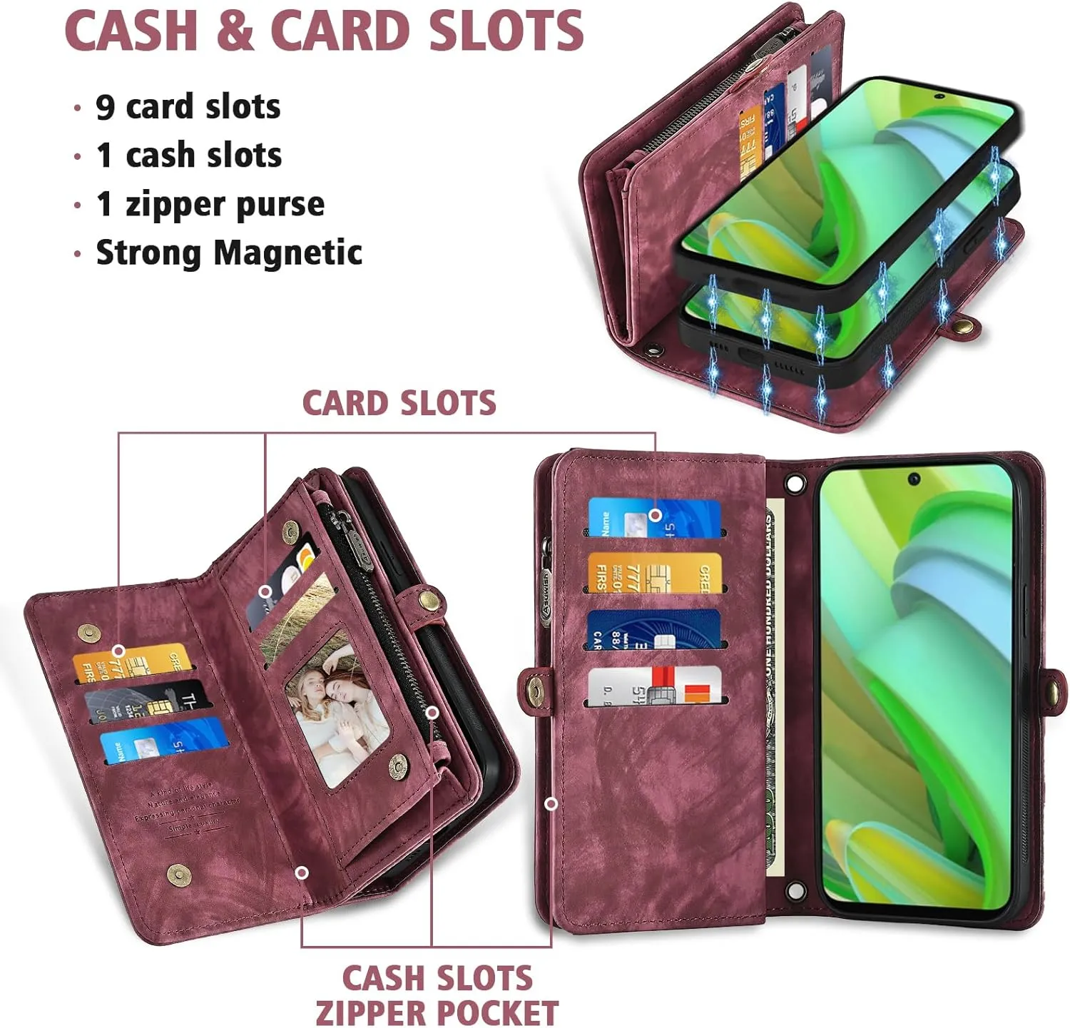 Asuwish Phone Case for Motorola Moto G Power 5G 2023 Zipper Wallet Magnetic Detachable Cell Cover with Tempered Glass Screen Protector Crossbody Lanyard Strap Flip Card Holder Slot GPower G5 Women Red