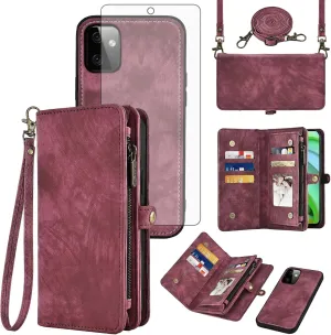 Asuwish Phone Case for Motorola Moto G Power 5G 2023 Zipper Wallet Magnetic Detachable Cell Cover with Tempered Glass Screen Protector Crossbody Lanyard Strap Flip Card Holder Slot GPower G5 Women Red