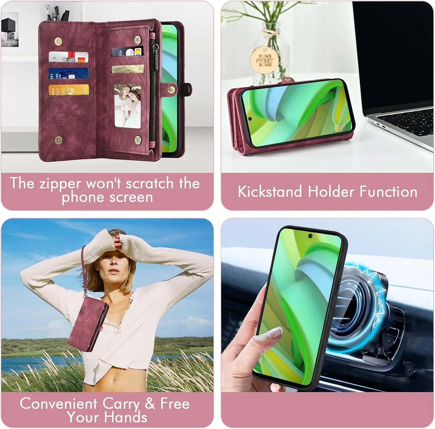 Asuwish Phone Case for Motorola Moto G Power 5G 2023 Zipper Wallet Magnetic Detachable Cell Cover with Tempered Glass Screen Protector Crossbody Lanyard Strap Flip Card Holder Slot GPower G5 Women Red