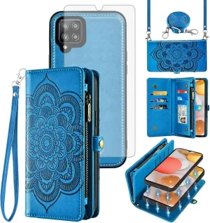 Asuwish Phone Case for Samsung Galaxy A42 5G Zipper Wallet Detachable Cell Cover with Tempered Glass Screen Protector Crossbody Strap Flower Card Holder Slot A 42 G5 42A S42 4G 2021 Women Girls Blue