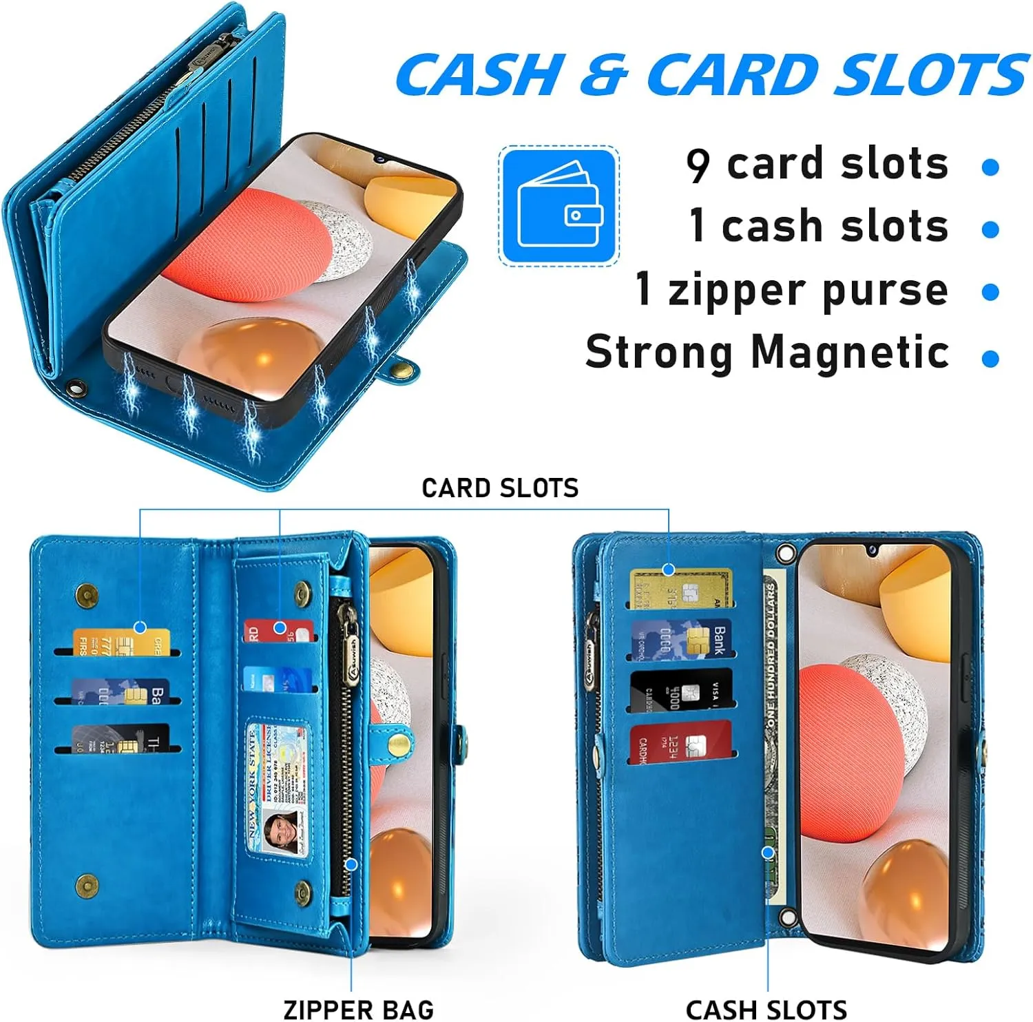 Asuwish Phone Case for Samsung Galaxy A42 5G Zipper Wallet Detachable Cell Cover with Tempered Glass Screen Protector Crossbody Strap Flower Card Holder Slot A 42 G5 42A S42 4G 2021 Women Girls Blue