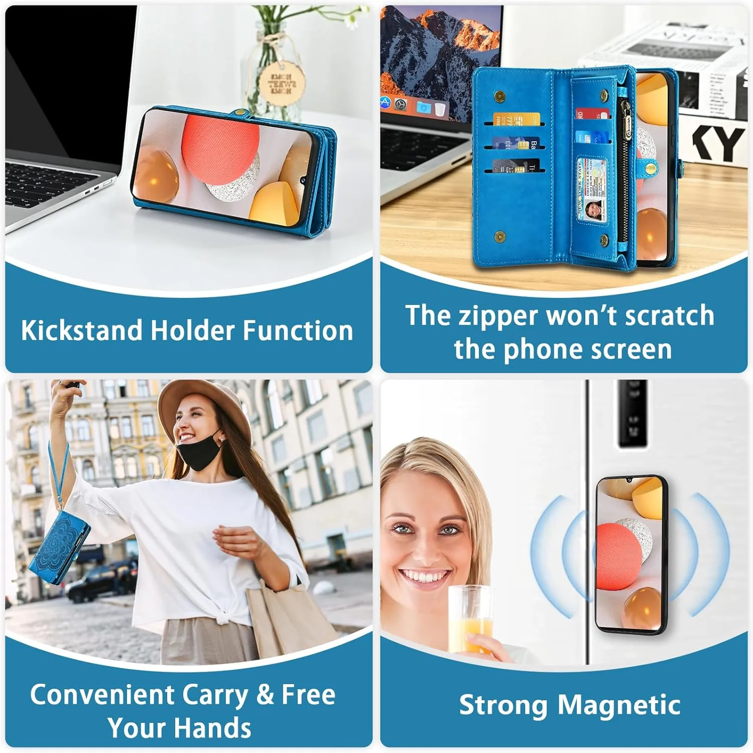Asuwish Phone Case for Samsung Galaxy A42 5G Zipper Wallet Detachable Cell Cover with Tempered Glass Screen Protector Crossbody Strap Flower Card Holder Slot A 42 G5 42A S42 4G 2021 Women Girls Blue