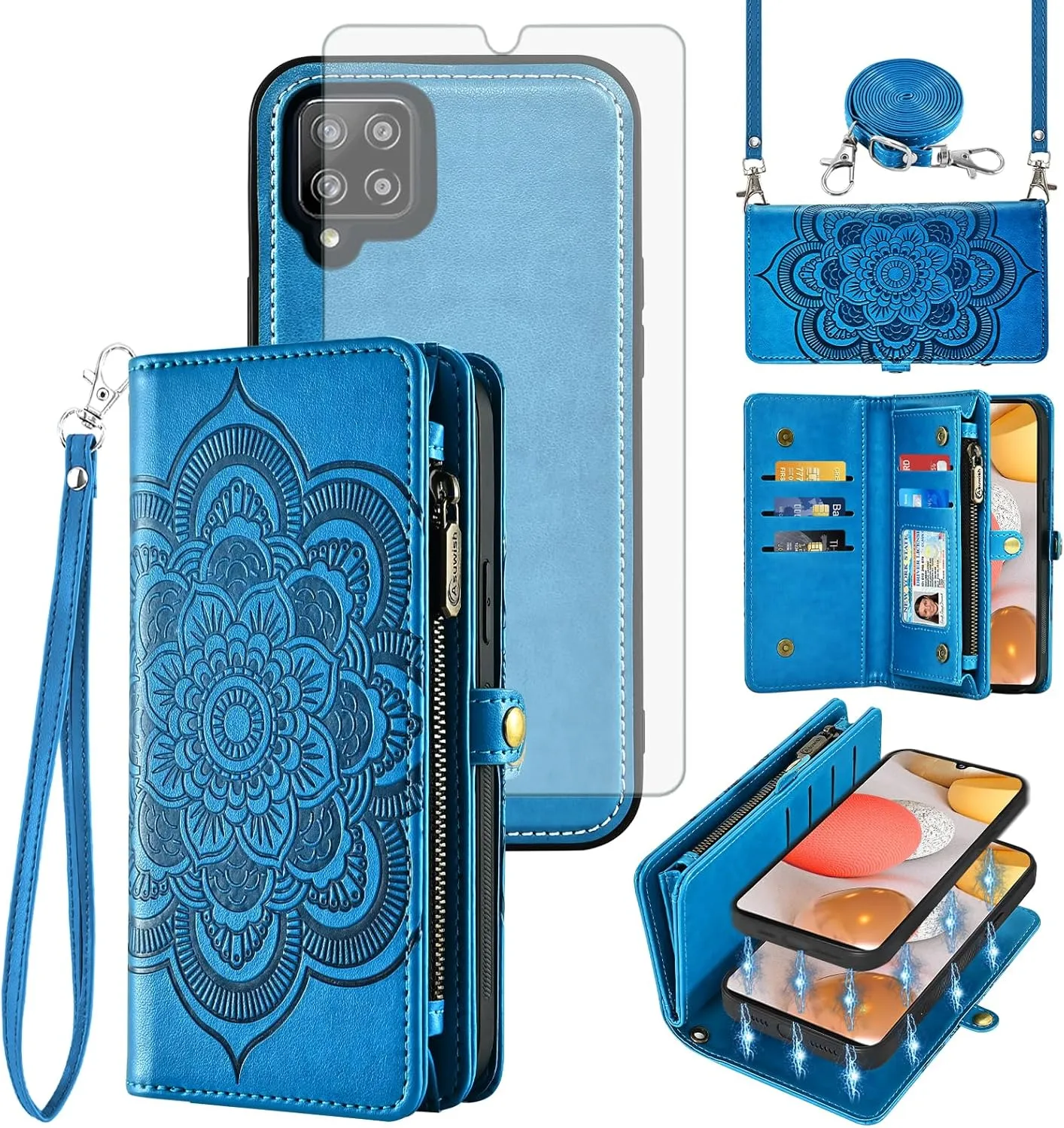 Asuwish Phone Case for Samsung Galaxy A42 5G Zipper Wallet Detachable Cell Cover with Tempered Glass Screen Protector Crossbody Strap Flower Card Holder Slot A 42 G5 42A S42 4G 2021 Women Girls Blue