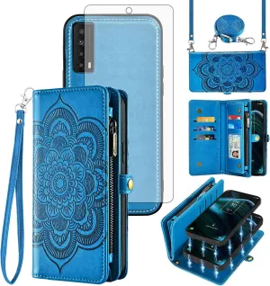 Asuwish Phone Case for TCL Stylus 5G 2022 Zipper Wallet Magnetic Detachable Cell Cover with Tempered Glass Screen Protector Crossbody Strap Flower Card Holder TLC Stylo G5 6.81 T779W Women Girls Blue