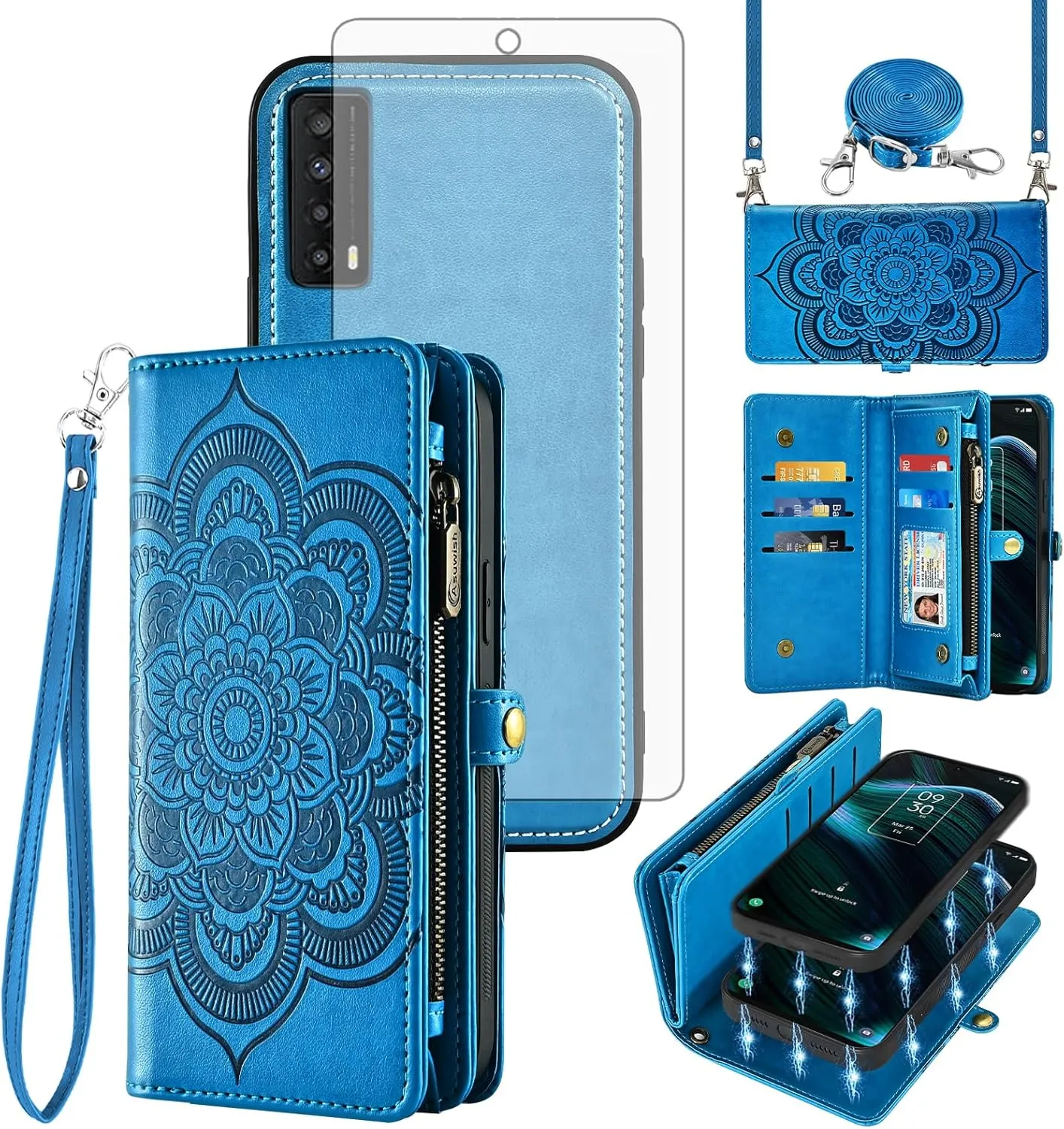 Asuwish Phone Case for TCL Stylus 5G 2022 Zipper Wallet Magnetic Detachable Cell Cover with Tempered Glass Screen Protector Crossbody Strap Flower Card Holder TLC Stylo G5 6.81 T779W Women Girls Blue