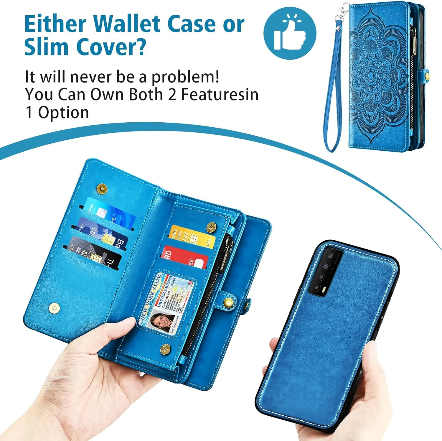 Asuwish Phone Case for TCL Stylus 5G 2022 Zipper Wallet Magnetic Detachable Cell Cover with Tempered Glass Screen Protector Crossbody Strap Flower Card Holder TLC Stylo G5 6.81 T779W Women Girls Blue