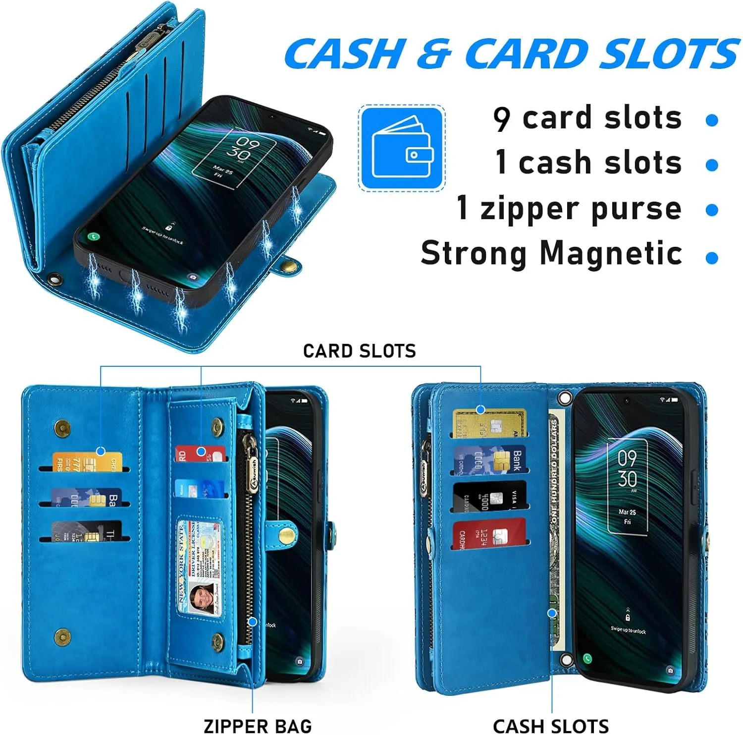 Asuwish Phone Case for TCL Stylus 5G 2022 Zipper Wallet Magnetic Detachable Cell Cover with Tempered Glass Screen Protector Crossbody Strap Flower Card Holder TLC Stylo G5 6.81 T779W Women Girls Blue