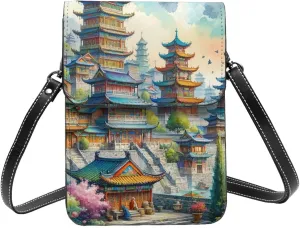 Augenstern Cartoon-Ancient-Pagodas-Temple Microfiber Pu Leather Crossbody Phone Bag, Portable Shoulder Phone Wallet