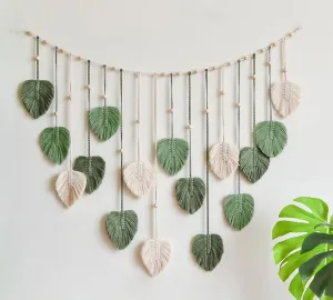 Avoik Macrame Woven Wall Hanging Boho Woven Leaf Tapestry Large Green Leaves Wall Decor Chic Home Decor Handmade Feather Wall Art for Bedroom Living Room Apartment Wall Decorations, 47x29 inch