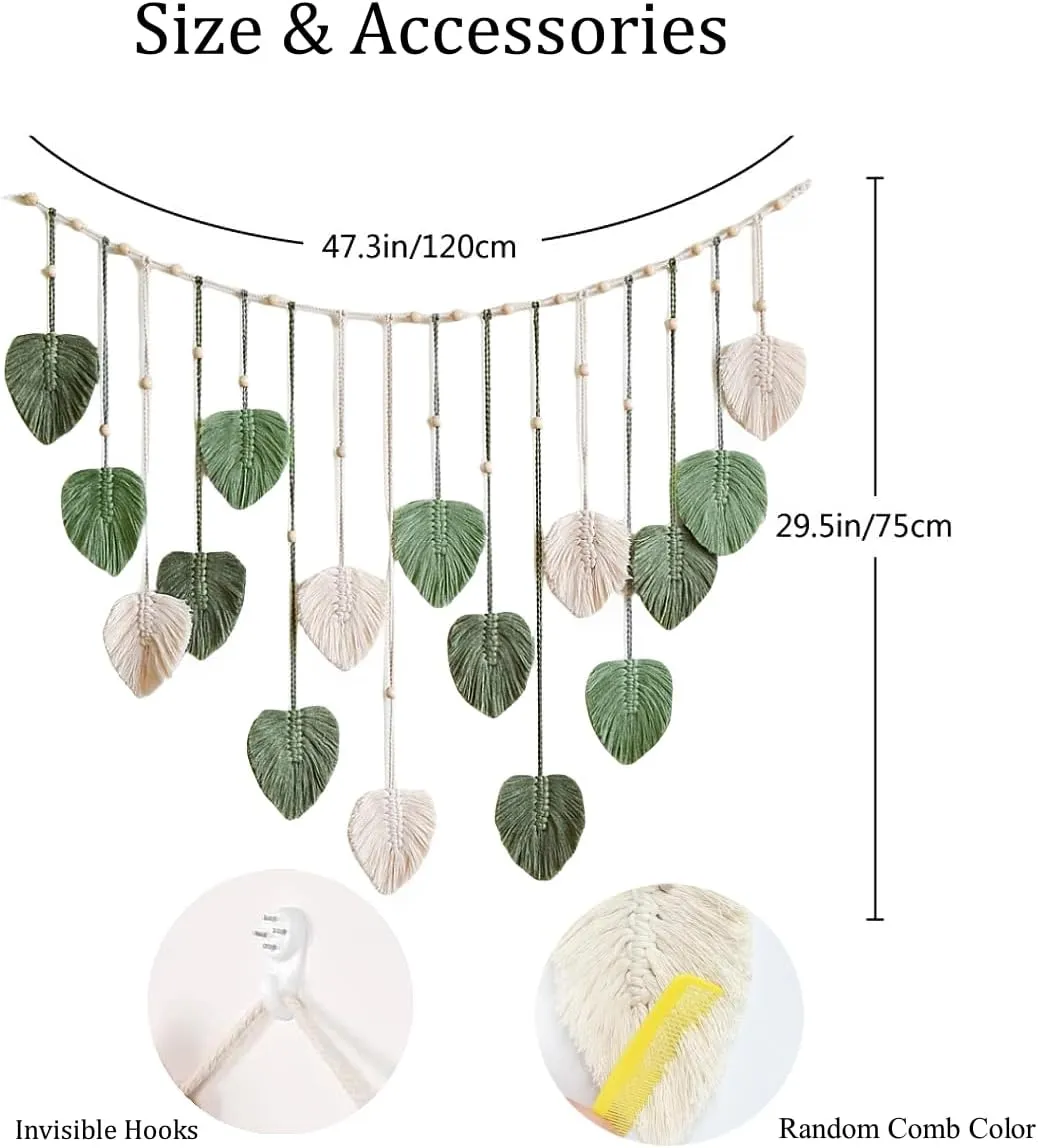 Avoik Macrame Woven Wall Hanging Boho Woven Leaf Tapestry Large Green Leaves Wall Decor Chic Home Decor Handmade Feather Wall Art for Bedroom Living Room Apartment Wall Decorations, 47x29 inch