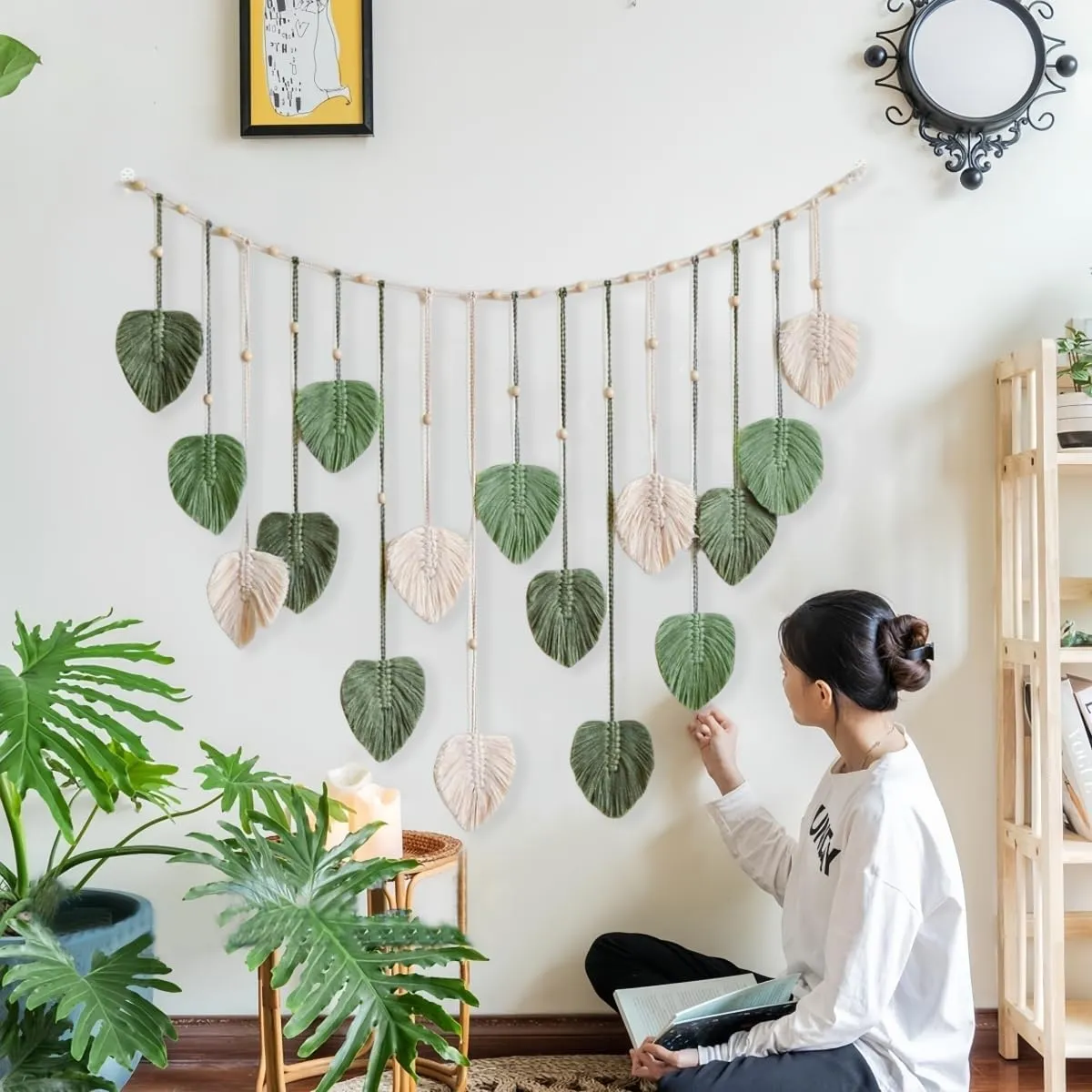 Avoik Macrame Woven Wall Hanging Boho Woven Leaf Tapestry Large Green Leaves Wall Decor Chic Home Decor Handmade Feather Wall Art for Bedroom Living Room Apartment Wall Decorations, 47x29 inch
