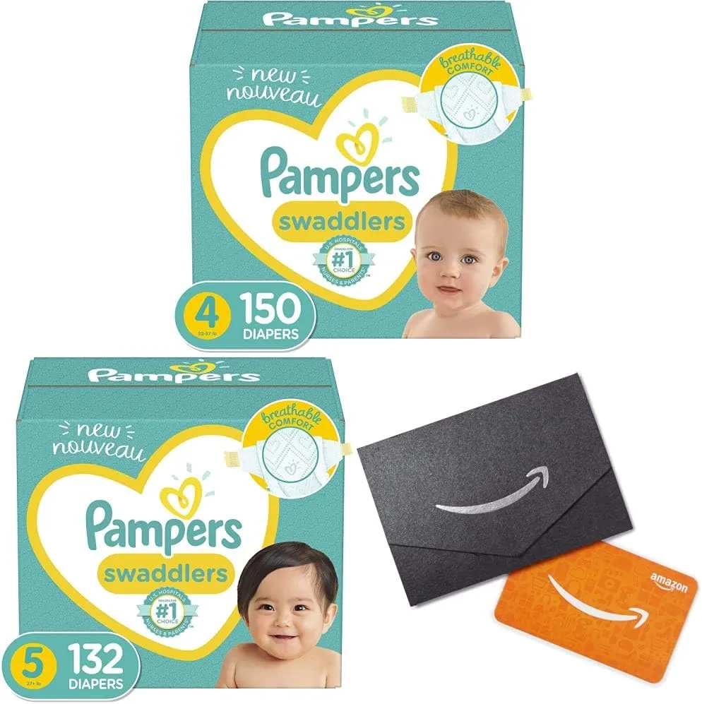 Baby Diapers Size 4, 150 Count - Pampers Swaddlers with Baby Diapers Size 5, 132 Count - Pampers Swaddlers and Amazon.com Gift Card in a Mini Envelope