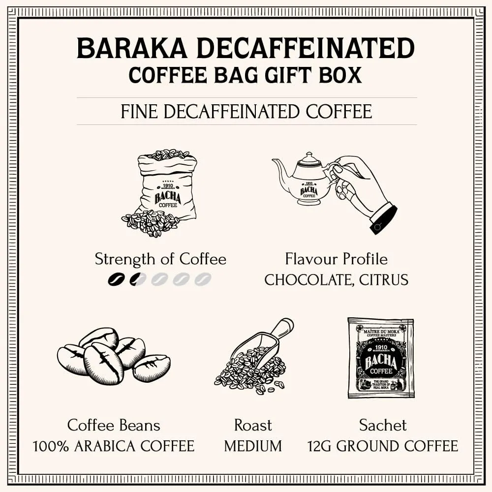 Bacha Coffee | Baraka Decaffeinated Fine Flavoured, Medium Roast, 12 * 12g Individually Wrapped 100% Arabica Single Serve Filter Bags