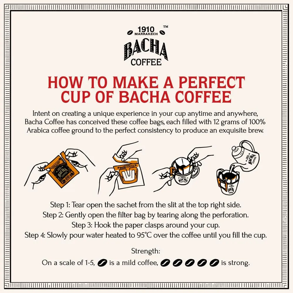Bacha Coffee | Baraka Decaffeinated Fine Flavoured, Medium Roast, 12 * 12g Individually Wrapped 100% Arabica Single Serve Filter Bags