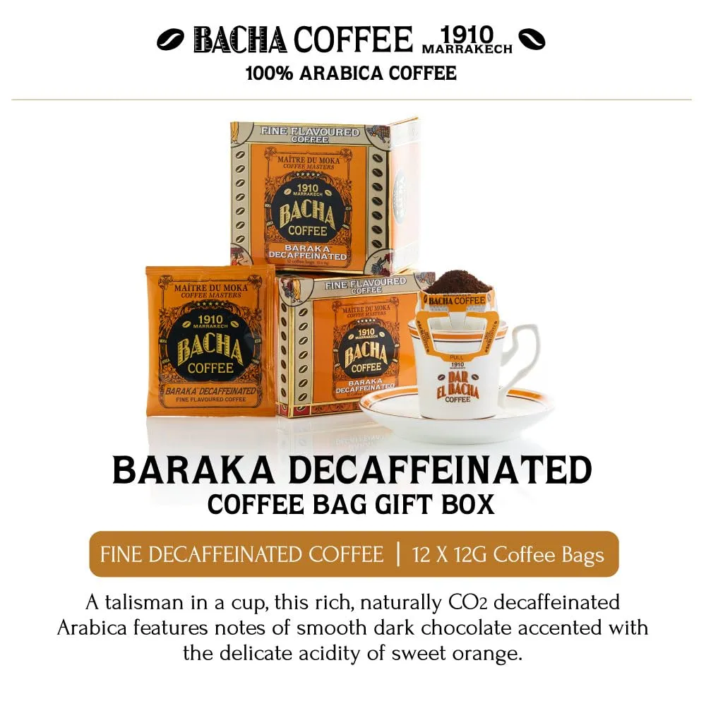 Bacha Coffee | Baraka Decaffeinated Fine Flavoured, Medium Roast, 12 * 12g Individually Wrapped 100% Arabica Single Serve Filter Bags
