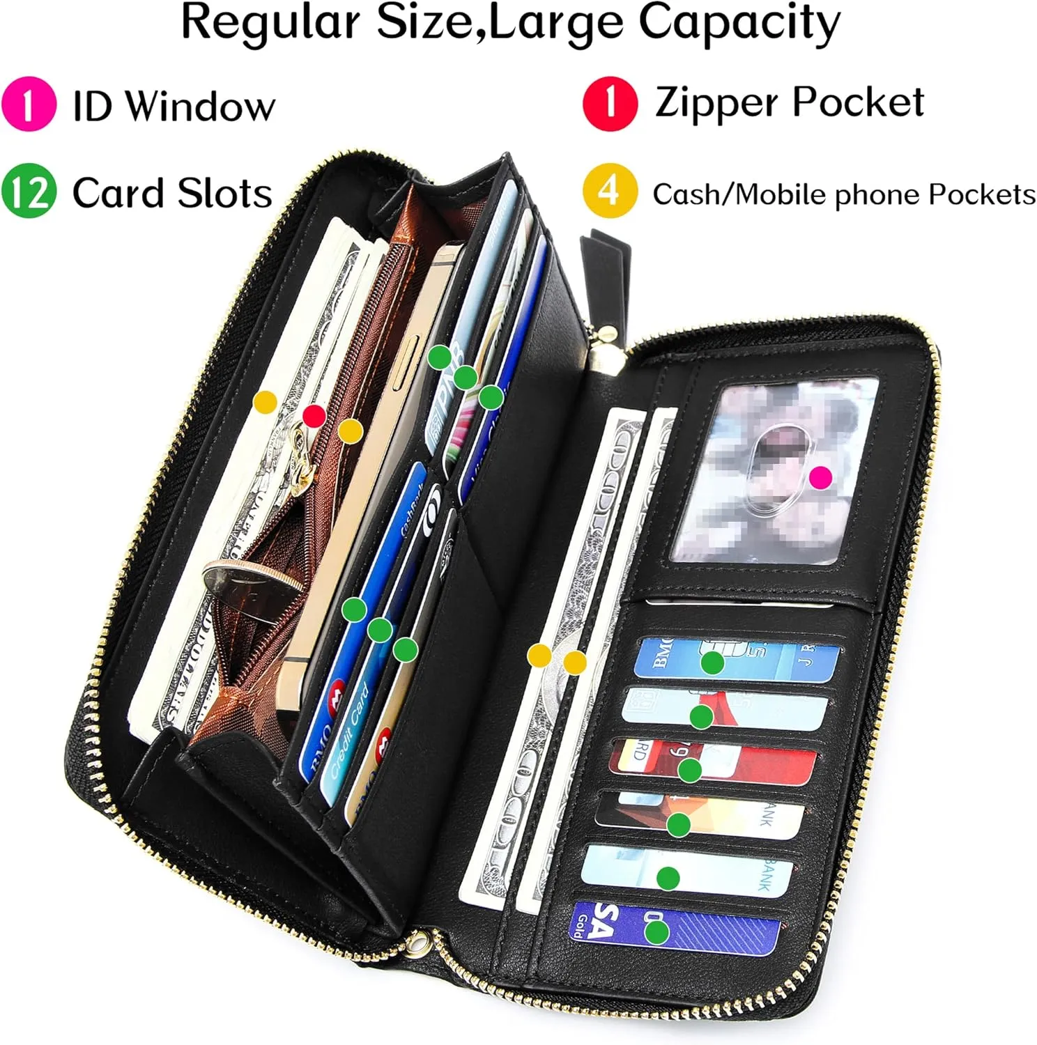 Badiya Womens Wallet Credit Card Holder RFlD Blocking Leather Zip Around Wallets Large Capacity Wristlet