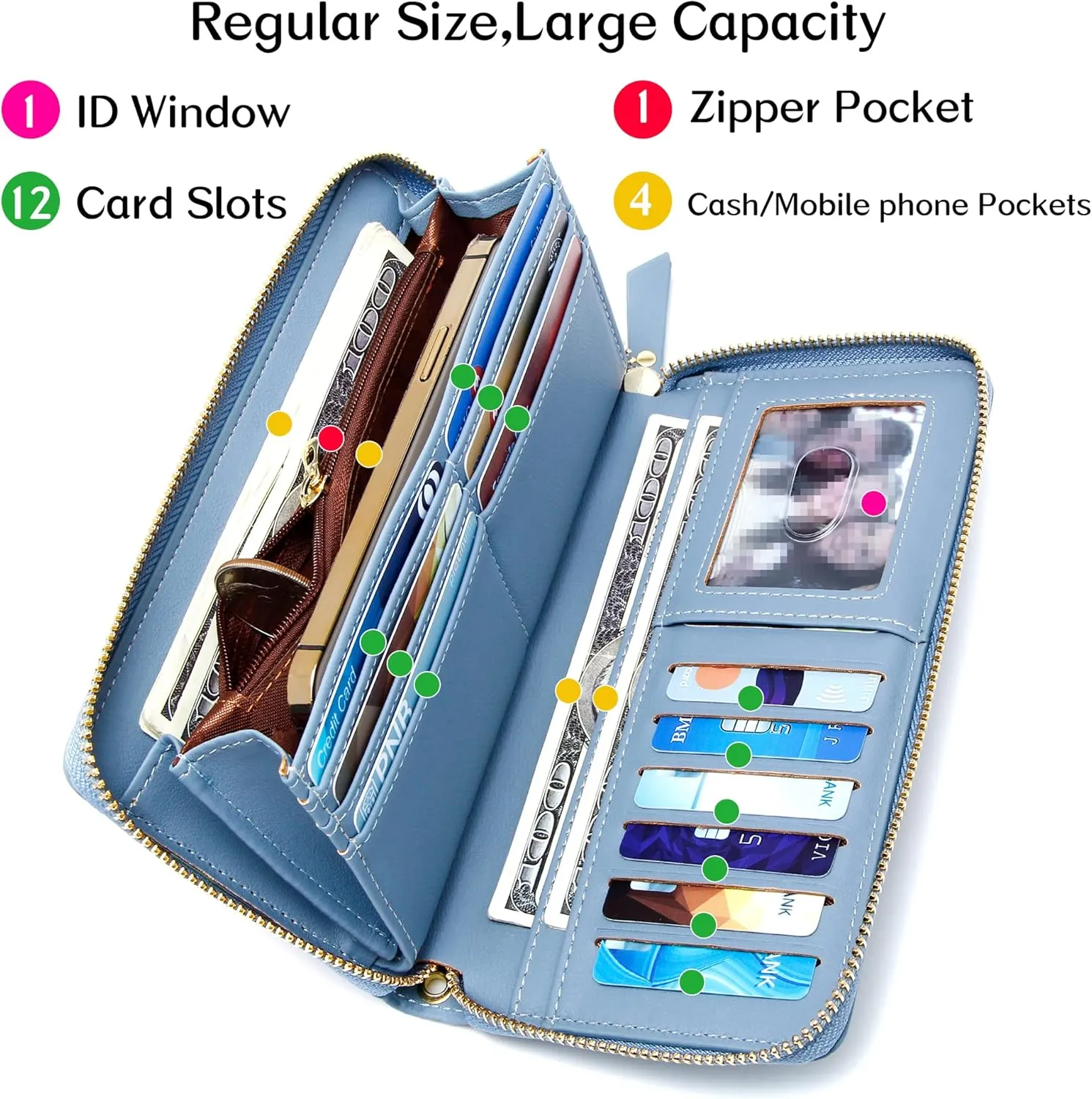 Badiya Womens Wallet Credit Card Holder RFlD Blocking Leather Zip Around Wallets Large Capacity Wristlet