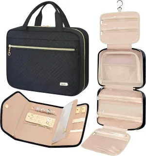 BAGAIL Hanging Toiletry Bag for Women Water-resistant Cosmetic Bag Large Capacity Travel Makeup Organizer for Full-Sized Travel Essentials(Classic Jewelry Bag, Black)