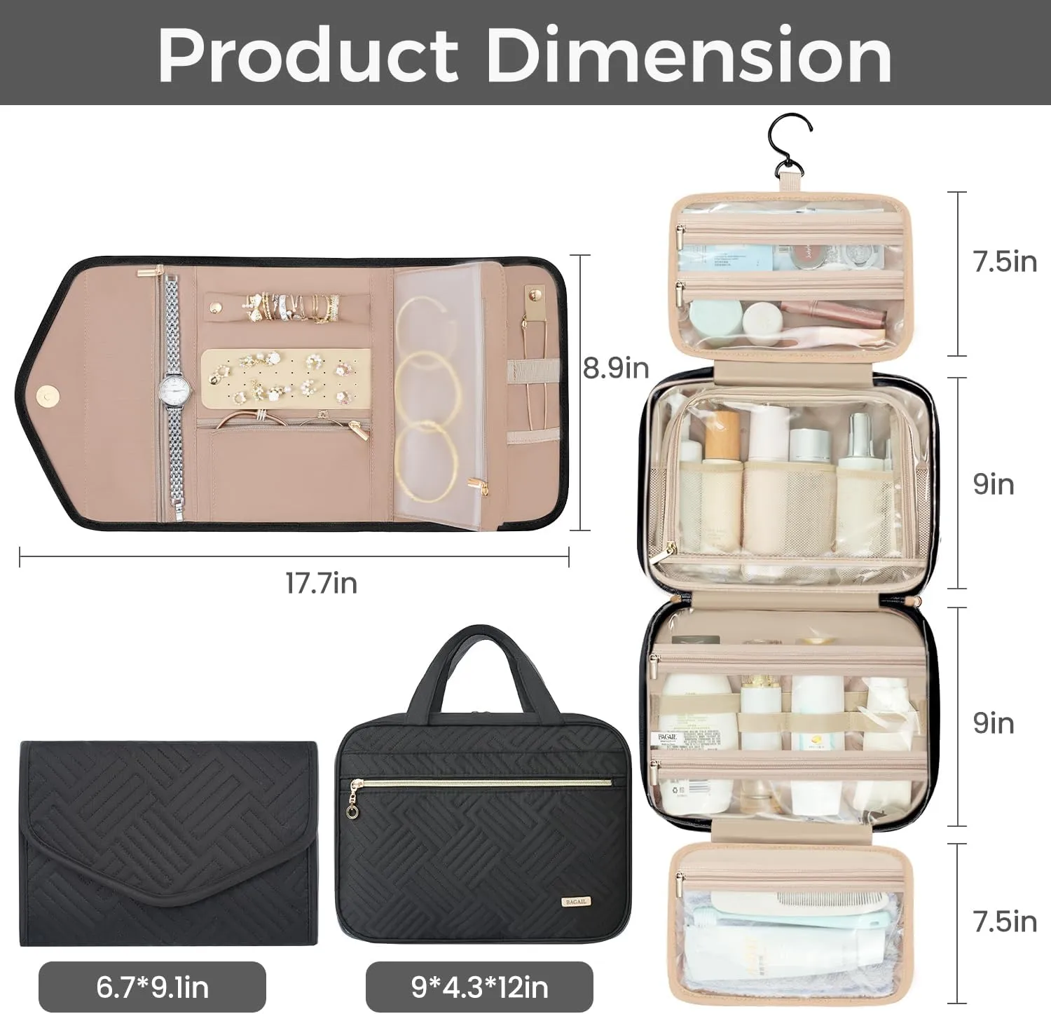 BAGAIL Hanging Toiletry Bag for Women Water-resistant Cosmetic Bag Large Capacity Travel Makeup Organizer for Full-Sized Travel Essentials(Classic Jewelry Bag, Black)