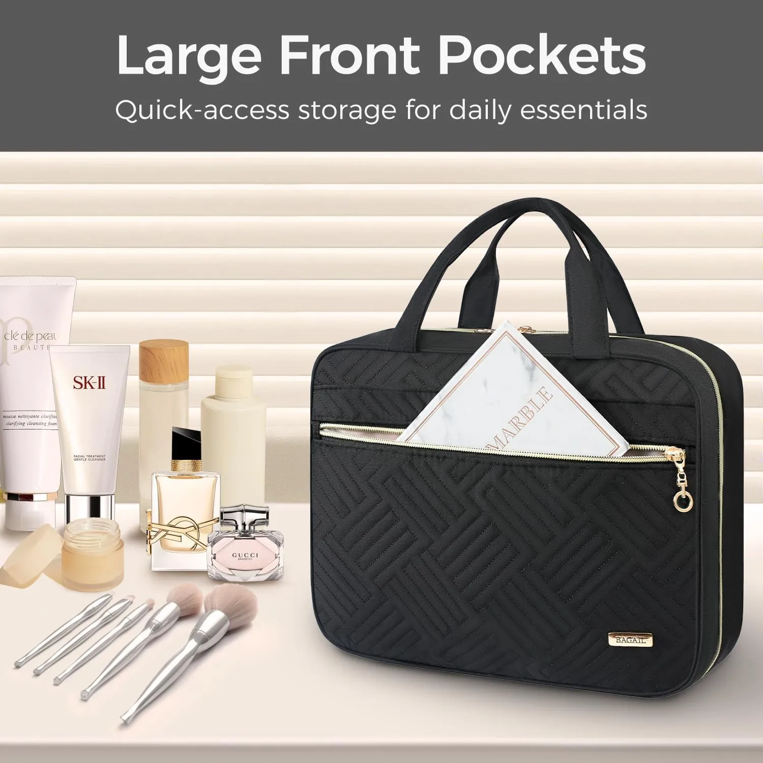 BAGAIL Hanging Toiletry Bag for Women Water-resistant Cosmetic Bag Large Capacity Travel Makeup Organizer for Full-Sized Travel Essentials(Classic Jewelry Bag, Black)