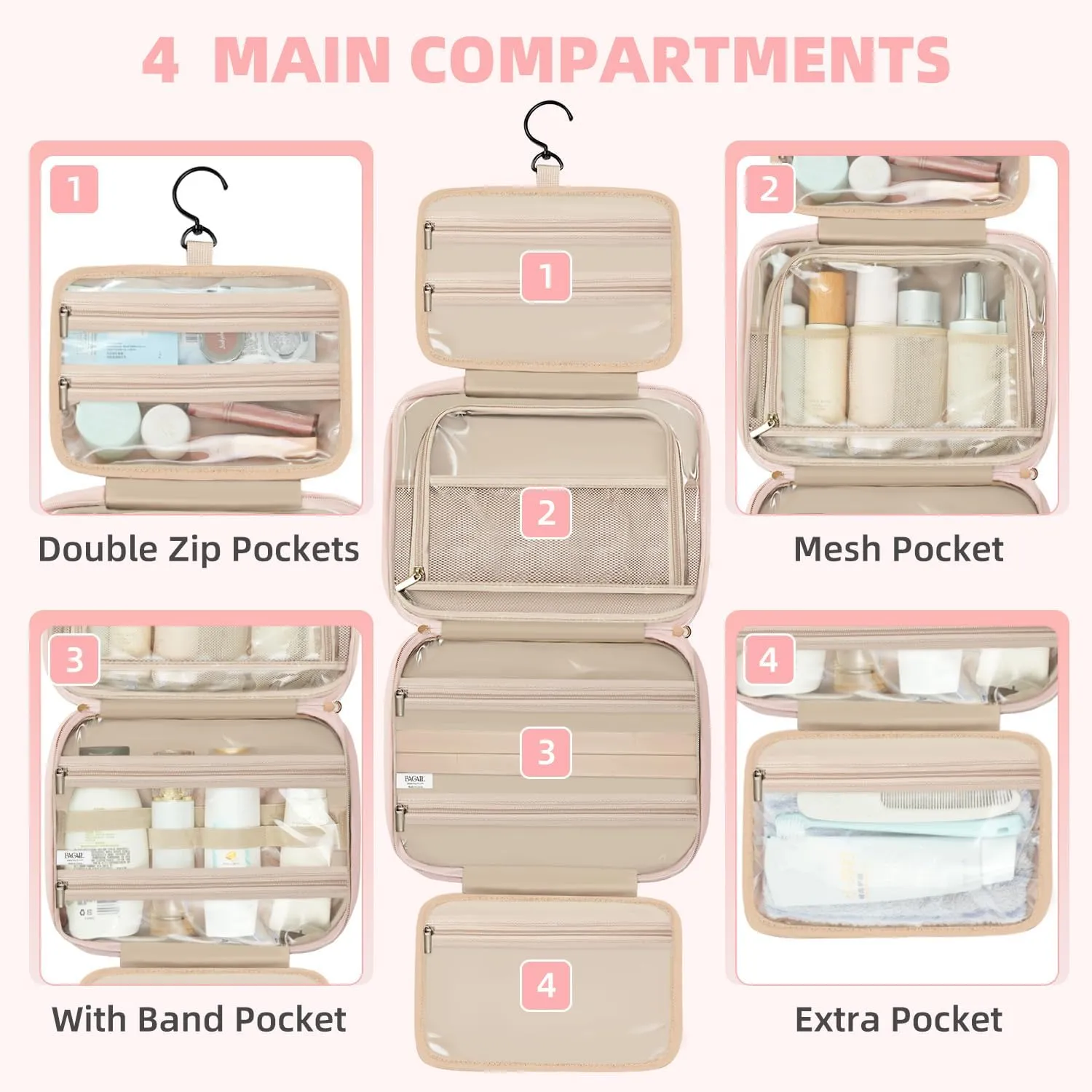 BAGAIL Hanging Toiletry Bag for Women Water-resistant Cosmetic Bag Large Capacity Travel Makeup Organizer for Full-Sized Travel Essentials(Classic Jewelry Bag, Pink)