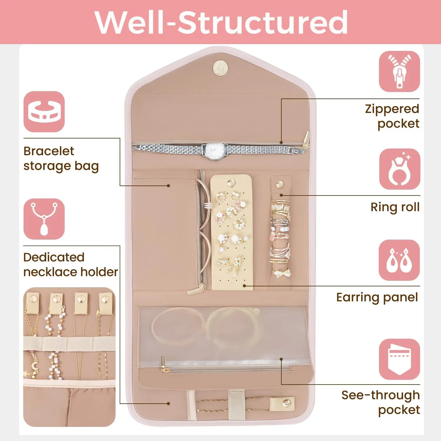 BAGAIL Hanging Toiletry Bag for Women Water-resistant Cosmetic Bag Large Capacity Travel Makeup Organizer for Full-Sized Travel Essentials(Classic Jewelry Bag, Pink)