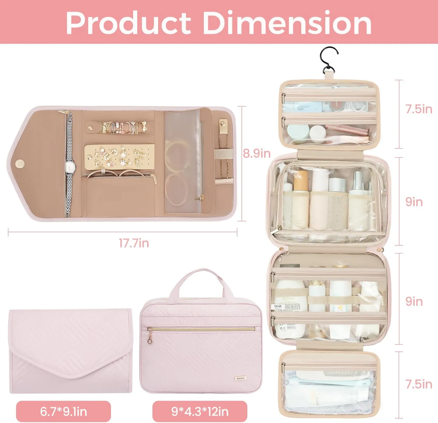 BAGAIL Hanging Toiletry Bag for Women Water-resistant Cosmetic Bag Large Capacity Travel Makeup Organizer for Full-Sized Travel Essentials(Classic Jewelry Bag, Pink)
