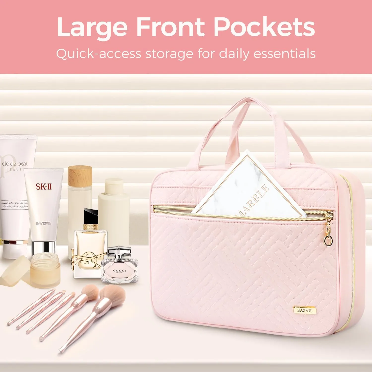 BAGAIL Hanging Toiletry Bag for Women Water-resistant Cosmetic Bag Large Capacity Travel Makeup Organizer for Full-Sized Travel Essentials(Classic Jewelry Bag, Pink)