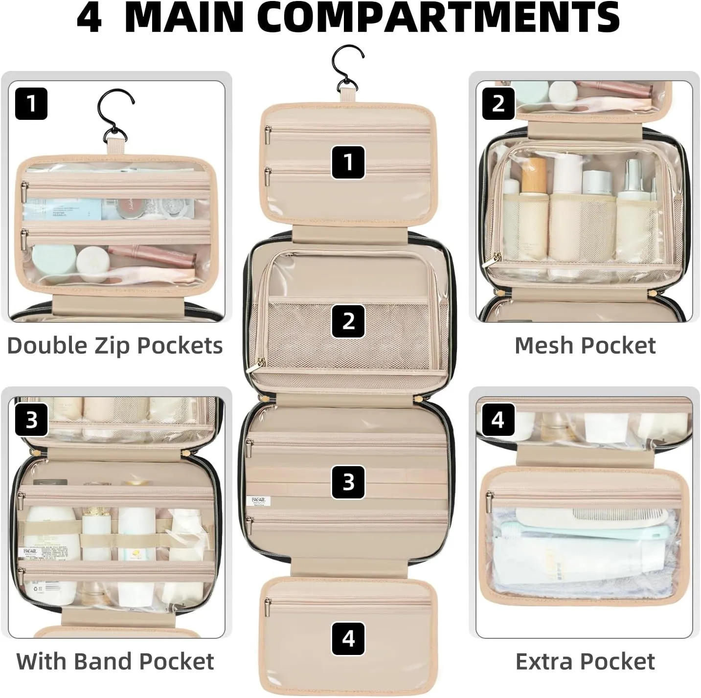 BAGAIL Hanging Toiletry Bag for Women Water-resistant Cosmetic Bag Large Capacity Travel Makeup Organizer for Full-Sized Travel Essentials(Standard, Black)