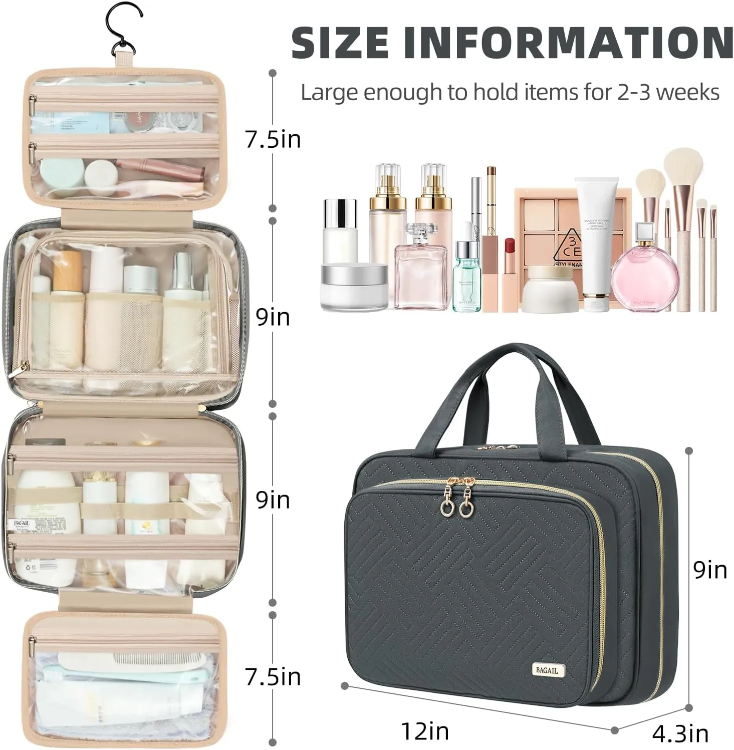 BAGAIL Hanging Toiletry Bag for Women Water-resistant Cosmetic Bag Large Capacity Travel Makeup Organizer for Full-Sized Travel Essentials(Standard, Grey)