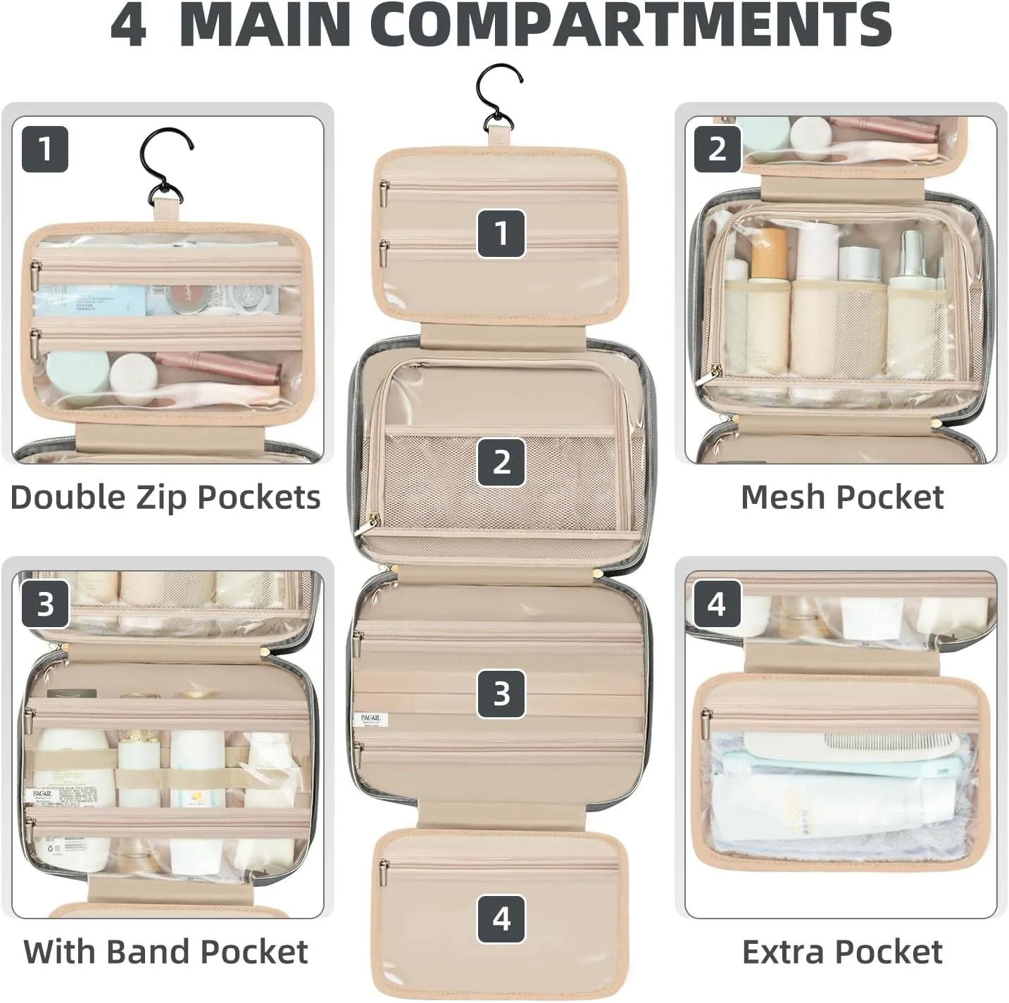 BAGAIL Hanging Toiletry Bag for Women Water-resistant Cosmetic Bag Large Capacity Travel Makeup Organizer for Full-Sized Travel Essentials(Standard, Grey)