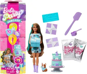 Barbie Party Unboxed Doll & Accessories, Pet Birthday Series Party Stars Set with 10 Surprises Including Color Change & Cake-Decorating Activity