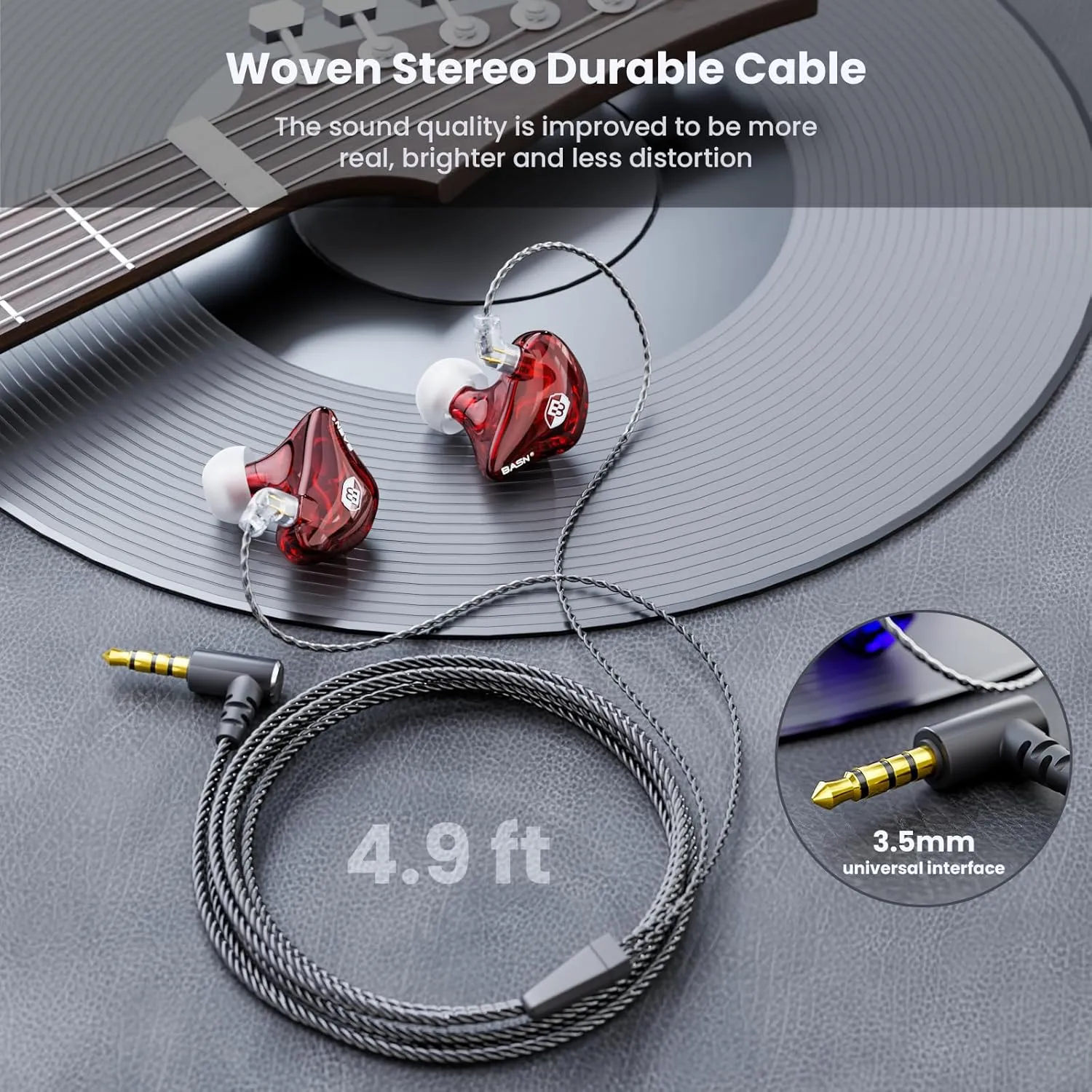 BASN Bsinger Professional in Ear Monitor Headphones, Dual Drivers 2-Pin IEM Earbuds with Mic, Clear Sound HiFi Earphones for Musicians Drummers and Stage (Red, 2-Pin)