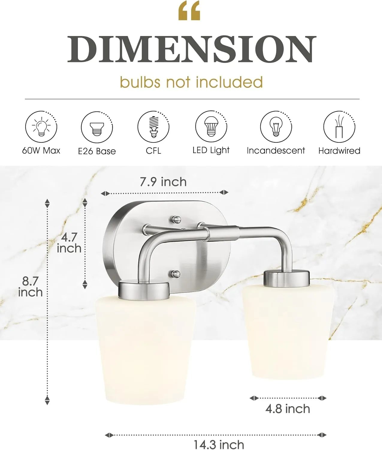 Bathroom Light Fixtures Over Mirror, 2-Light Brushed Nickel Vanity Lighting Fixtures with Milk White Glass, Vintage Farmhouse Wall Sconces Lighting, AD-22004-2W-SN