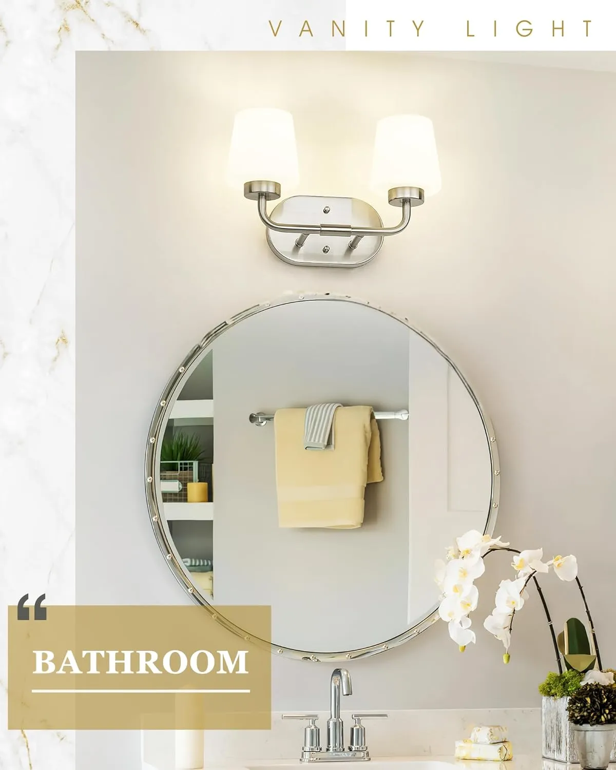 Bathroom Light Fixtures Over Mirror, 2-Light Brushed Nickel Vanity Lighting Fixtures with Milk White Glass, Vintage Farmhouse Wall Sconces Lighting, AD-22004-2W-SN