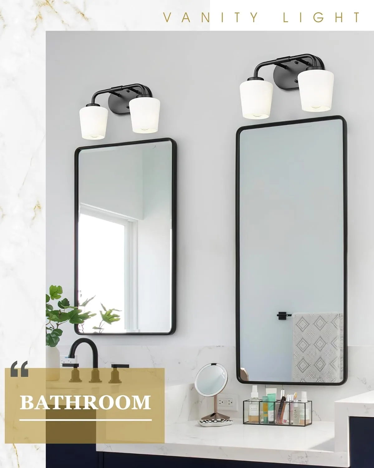 Bathroom Light Fixtures Over Mirror, 2-Light Matte Black Vanity Lighting Fixtures with Milk White Glass, Vintage Farmhouse Wall Sconces Lighting, AD-22004-2W-BK